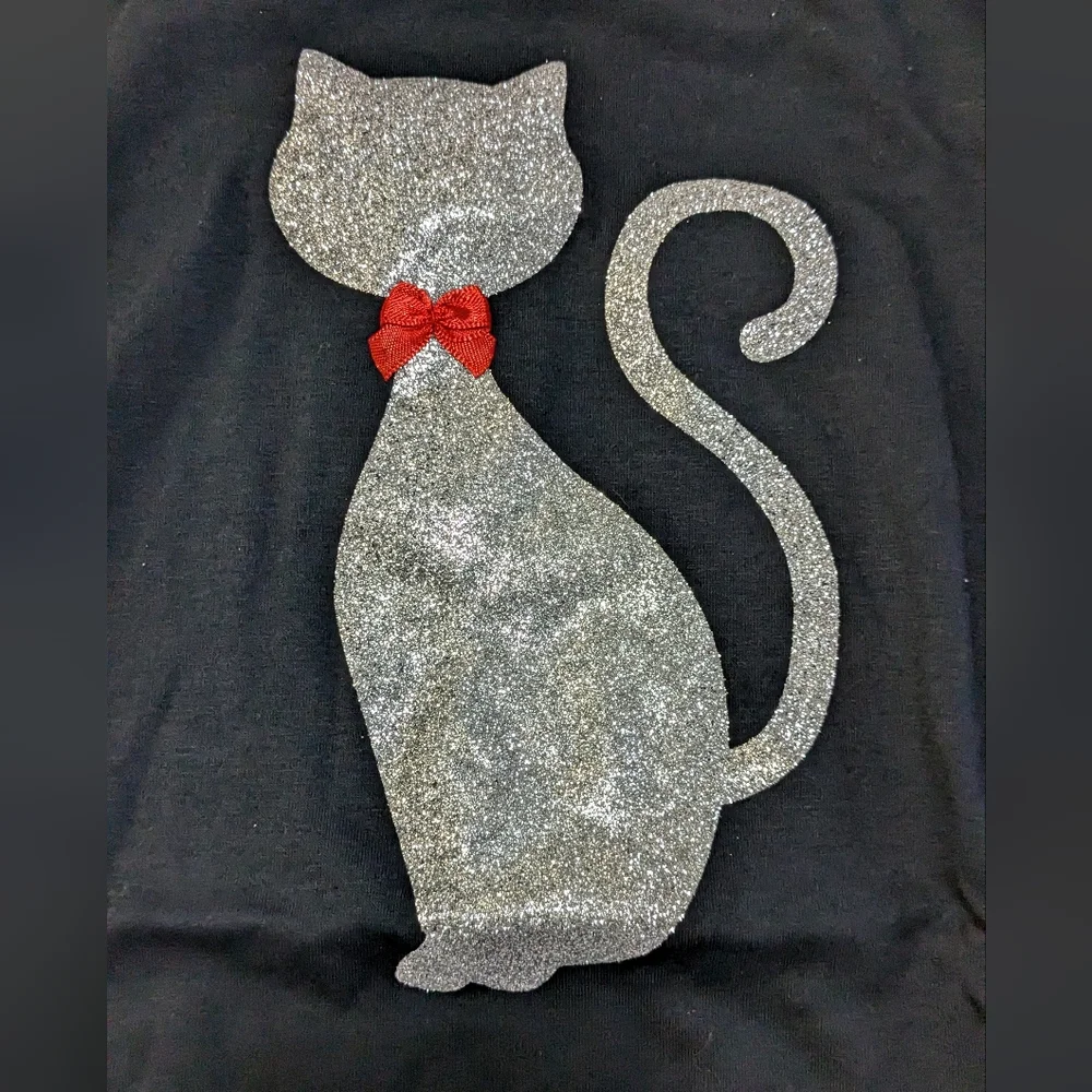 Black Cat T-Shirt with Silver Glitter Design